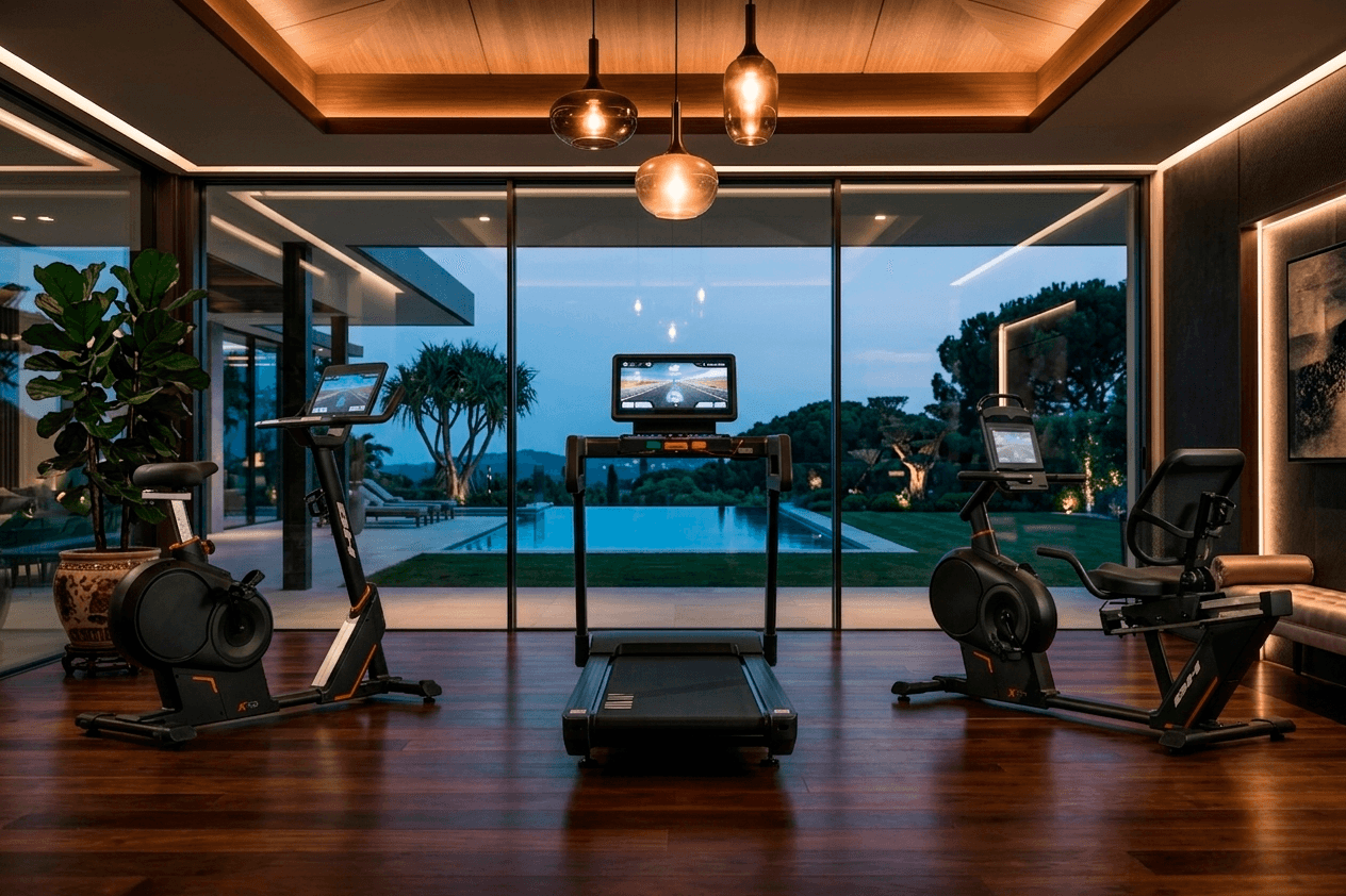 BH Fitness Luxor range home gym setup with treadmill, upright bike and recumbent bike